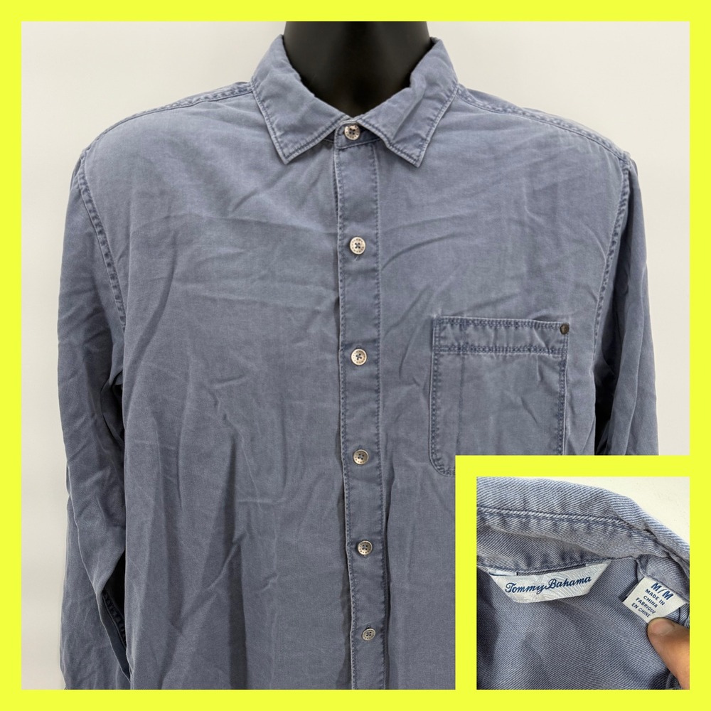 Tommy Bahama Mens M Blue Button Up Shirt Tencel Cotton Soft Long Sleeve Marlin